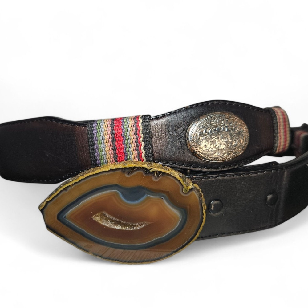 Vintage Silver Creek Leather Belt Size 40 Agate Stone Buckle Concho Southwestern